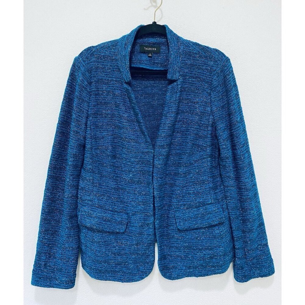 Talbots Jacket Womens 14 Blue Tweed Metallic Textured Work Old Money Preppy